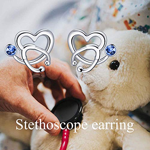 AOBOCO Nurse Earrings 925 Sterling Silver Stethoscope Studs Earrings Simulated 12 Months Birthstone Crystal from Austria, Graduation Jewelry Gifts for Nurse Doctor RN Medical Student3