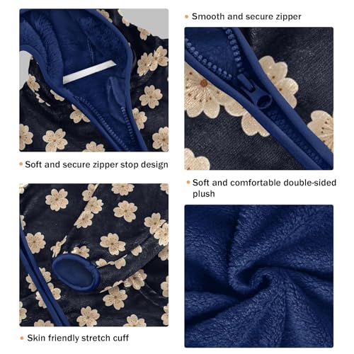 CHIFIGNO Beige Flowers Navy Blue Kids Zip up Jacket Light Soft Fleece Outerwear Jackets 3T3