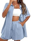 APAFES Women Summer Cotton Linen Short Sets 2 Piece Shorts Top Lounge Beach Vacation Two Piece Outfits Tracksuits(762-Blue-XL)