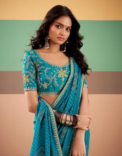 Image of SIRIL Women's Georgette Bandhani Printed, Embroidery Lace Saree With Unstitched Blouse Piece
