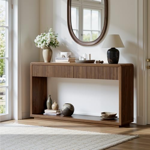Image of Evermagin 59'' Walnut Entryway Table with Drawers, Fluted Console Table, Mid Century Modern Sofa Table with Storage for Living Room, Entrance, Hallway