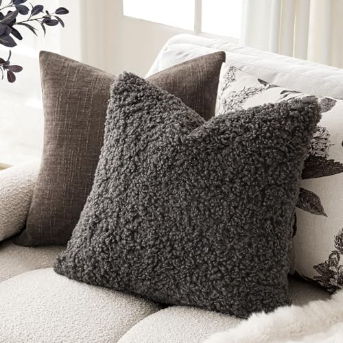 Image of Foindtower 2 Pieces 26x26 Inch Dark Gray, Faux Fur Throw Pillow Cover Accent Sherpa Furry Pillow Covers Fuzzy Soft Pillowcases Cozy Sheepskin Decorative Fleece Cushion Case for Bed Couch Living Room