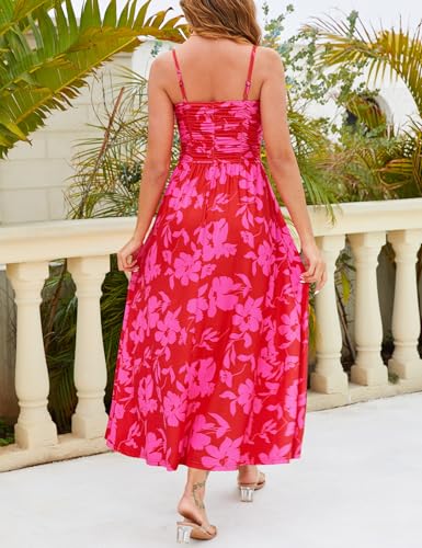 Image of Annebouti Women 2026 Summer Spring Ruched Maxi Dress Adjustable Spaghetti Strap Floral Beach Long Sundress with Pockets