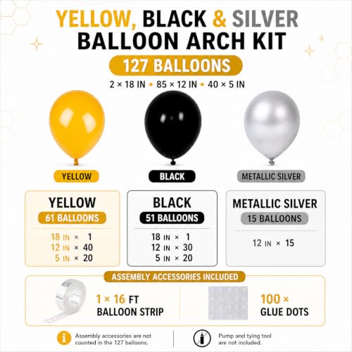 Image of Black and Yellow Balloon Arch Kit with Silver Balloons, 127 Pcs