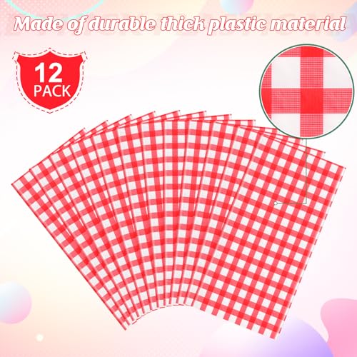 Image of 12 Pack Red and White Plastic Checkered Tablecloth Round, Premium Decorative Disposable Red Gingham Plaid Table Cloths for Parties, Round Party Table Cover for Picnic Farm Birthday Wedding, 84 Inch