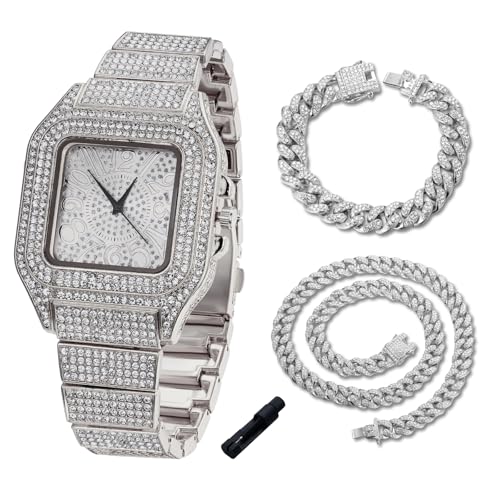 Image of Halukakah Diamonds Watch Iced Out for Boy Teens Kids - 18K Real Gold /Platinum Plated,Arabic Numerals Square Dial,Japanese Quartz - 7.3 inch Length - Optional with Cuban Link Chain - for Birthday,Parties