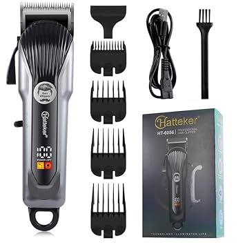 HATTEKER HT-6056 Salon Series Professional Digital Display Cordless Hair Clipper Electric Hair Cutter Kit Wireless Hair Grooming Trimmers Set, Li-ion Battery 2000mAh 180 minutes Runtime, Grey - image, photos