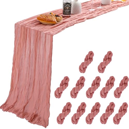Image of YARGEZON 12 Pack 10 Ft Dusty Cedar Rose Cheesecloth Table Runner Gauze Cheese Cloth for Dusty Pink Bridal Baby Shower Wedding Decor ( 35 x 120 Inch )
