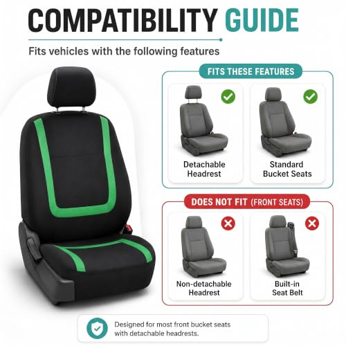 Image of FH Group Car Seat Covers Front Set in Cloth-Car Seat Covers for Low Back Car Seats with Removable Headrest,Universal Fit,Automotive Seat Covers,Washable Car Seat Cover for SUV,Sedan,Van Green