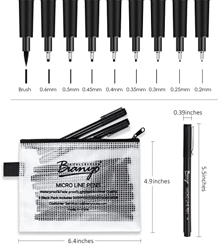 Bianyo Assorted Tips Micro-Line Pens - Black, Pack of 9 - Anti-Bleed & Waterproof Archival Ink, Brush & Calligraphy Tip