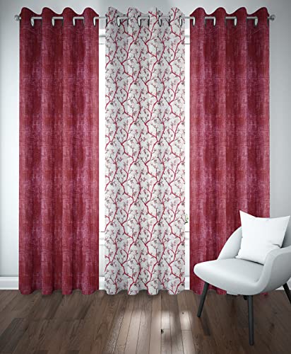 The Household Semi Sheer Curtains for Living Room 7 Feet Long Light Filtering & Privacy Window Treatment Sets for Girls Bedroom with Gromments and Matching Curtain Straps - 3 Panels, Maroon