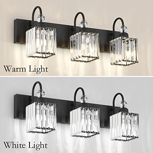 Image of Ralbay Modern Crystal Black Vanity Light 3 Light Bathroom Light Fixtures Over Mirror Matte Black Crystal Bathroom Wall Lighting