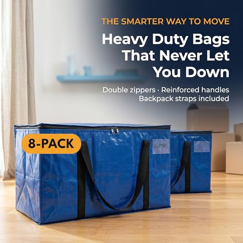 Image of ClearSpace Heavy Duty Moving Bags or Storage Bag - Large Moving Boxes with Backpack Straps, Zippers & Handles - Perfect for Moving, College Dorm, Traveling, Camping, Christmas Decorations, 8 Pack