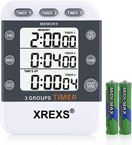 XREXS 3 Channels Count UP/Down Cooking Timer, Stopwatch, Large Display, Adjustable Volume Alarm Memory Timer with Magnetic Back, Stand, Lanyard (Battery Included)