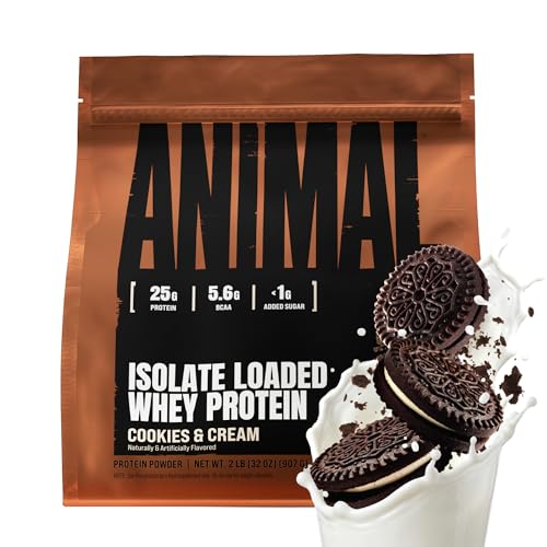 Animal Whey Isolate Protein Powder - Loaded for Pre & Post Workout Muscle Builder and Recovery with Digestive Enzymes for Men & Women - 25g Protein Great Taste Low Sugar - Cookies & Cream 2 lbs