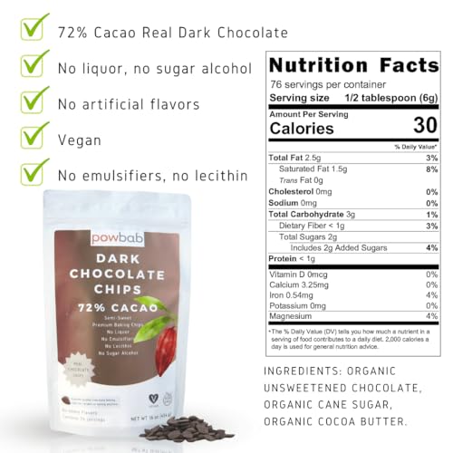 powbab Dark Chocolate Chips - 72% Cacao Organic Semi Sweet Chocolate Chips for Baking. Mini Dark Chocolate Chips for Baking and Snacks. No Liquor, No Lecithin, No Sugar Alcohol, Non-GMO (16 oz)