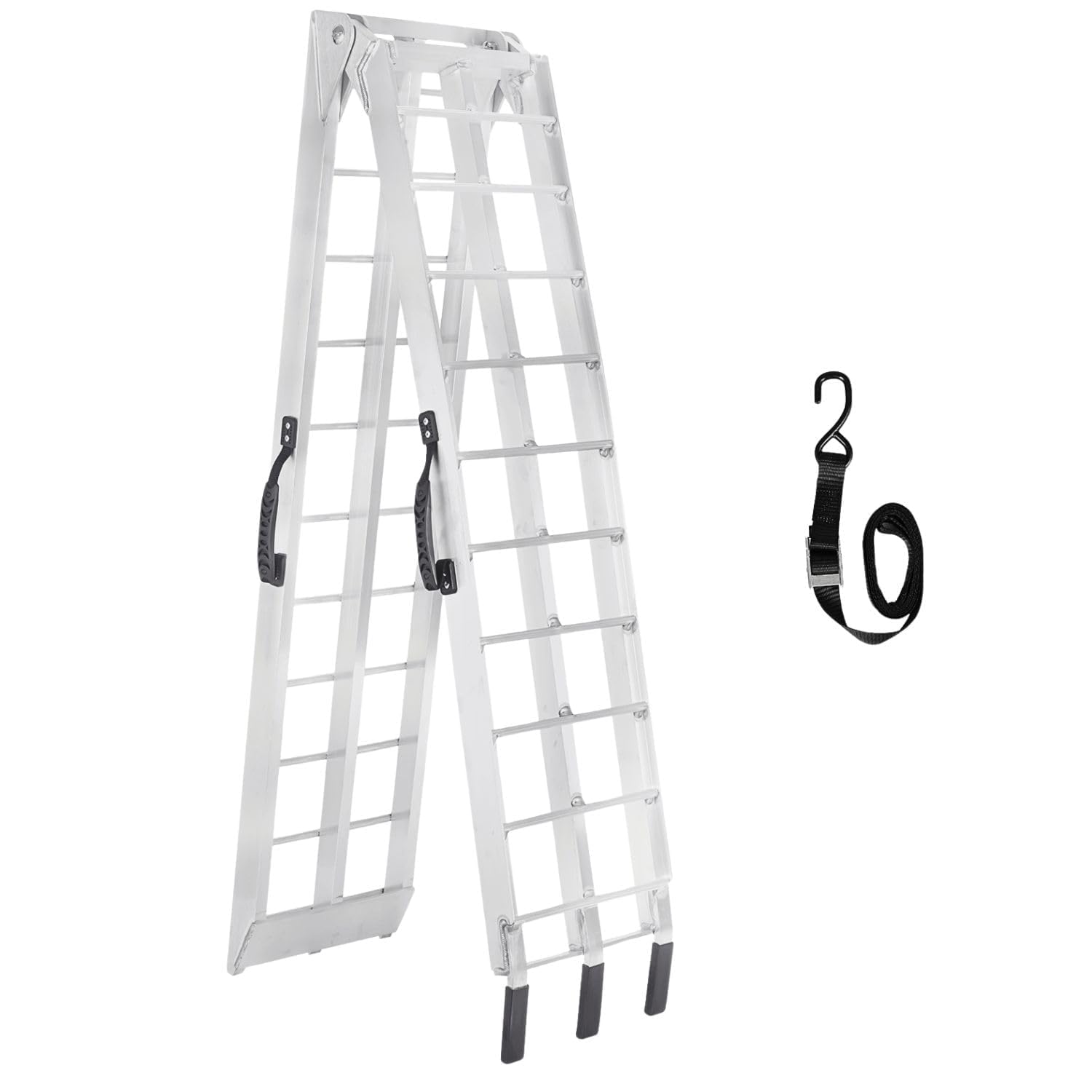 MAXIVMAN Motorcycle Ramp for Pickup Truck, Single Folding Aluminum Loading Ramp 89 X 12 in (11 in Usable), 750 Lb Capacity, Rung Traction, Rubber-Tipped Top, Handle, Strap Included