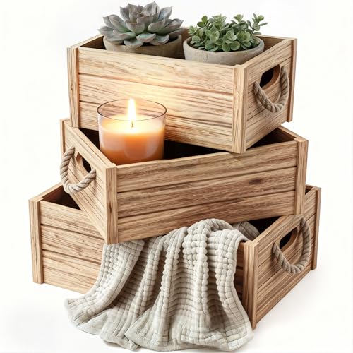 Set of 3 Rustic Nested Wooden Crates with Rope Handles - Decorative Farmhouse Storage Boxes for Kitchen, Living Room & Bathroom - Modern Wood Grain Home Organization