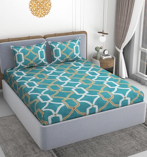 Image of VOMZER 320 TC Cotton Feel All Around Elastic Fitted Printed Bedsheets King Size, Premium Fitted Bedsheets King Size for Double Bed with 2 Pillow Covers, Size- 78 inch x 72 inch, Multicolour