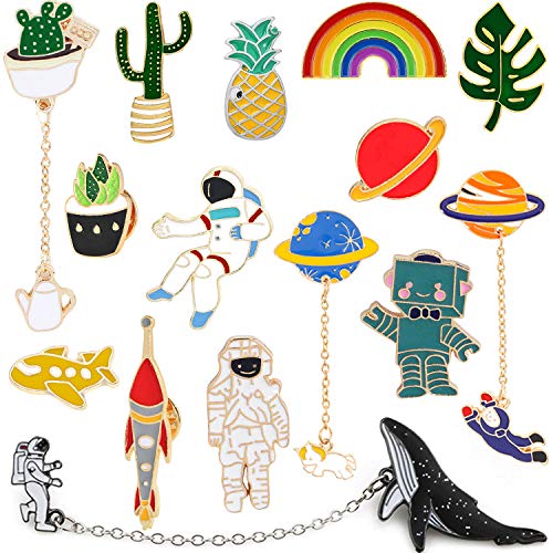 14 Pieces Cute Enamel Lapel Pin Set Cartoon Plant Cactus Space Spaceman Brooch