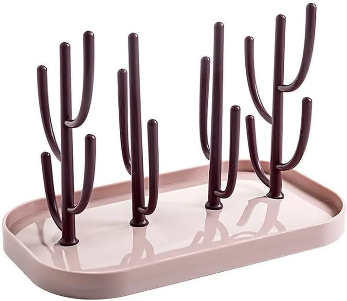Cactus Design Bottle Drying Rack, Desert Plant Shaped Drainer Tray, Pink Brown White Green, 25.5x14.5cm, Kitchen Counter Organizer