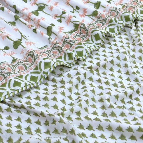 Image of TOAIArt Premium Jaipuri Dohar | AC Blanket Summer Quilt | Hand Block Printed | 3 Layers | Reversible | 150GSM 100% Mulmul Cotton | 100% Cotton Flannel Filling | King 108 inch X 90 inch | Lotus Vines