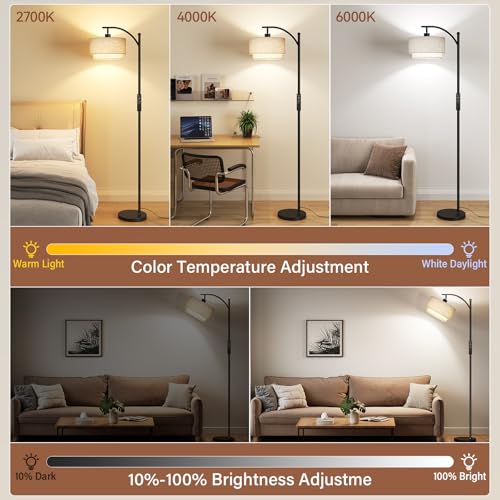 Image of SUNMORY Arc Floor Lamps for Living Room with 12W Remote and Dimmable Bulb | Modern Floor Lamps with Adjustable Double Fabric Shades Shades, LED Lamp, Boho Standing Lamp for Bedroom, Corner, Home Decor