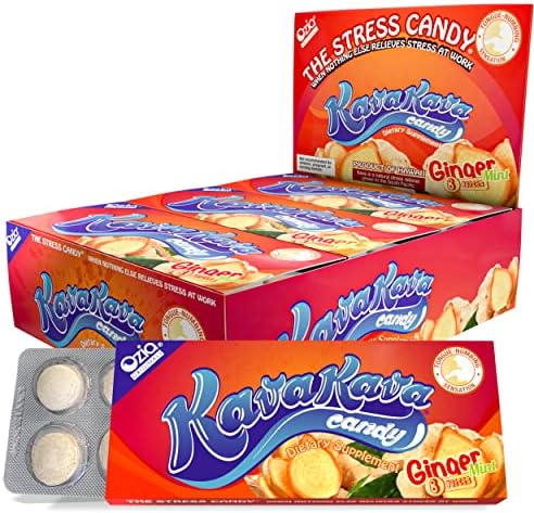 Ozia Originals Kava Kava Candy - 8 Kava Candies Per Pack, Kava Extract Stress Relief Supplement, Natural Kava Root Chill Happy Pill, Encourages Positive Mood - Ginger Mint Flavor, 1 Box (12 Packs)