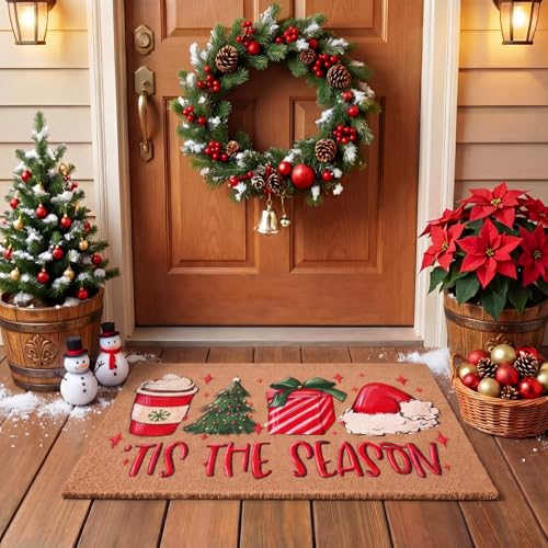 Jenaai Christmas Coir Doormat Outdoor Welcome Door Mat 17 x29 Tis The Season Xmas Floor Mat Non Slip Heavy Duty for Xmas Indoor Outdoor Entrance Door Porch Front Decor