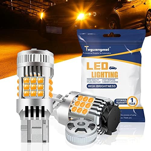 Teguangmei 7440 T20 LED Turn Signal Light, Canbus Error Free Bulit in Resistor Super Bright Amber Yellow 2640LM 26W Bulb w/Turbo Fan,W21W WY21W No Hyper Flash Car LED Front Rear Turn Signal Light 2PCS