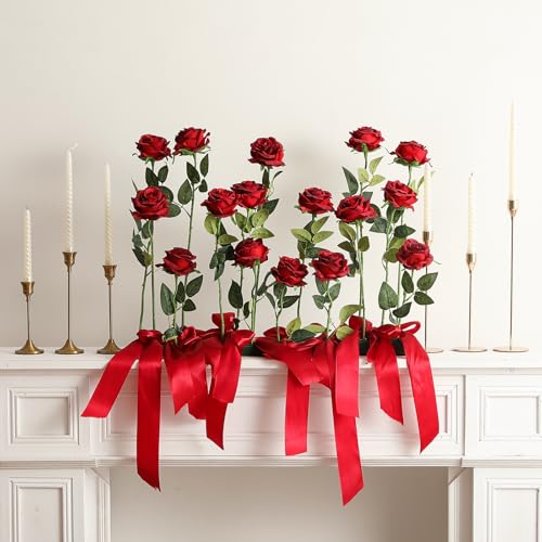 image for Hawesome 12PCS Artificial Silk Flowers Realistic Roses Bouquet Long St