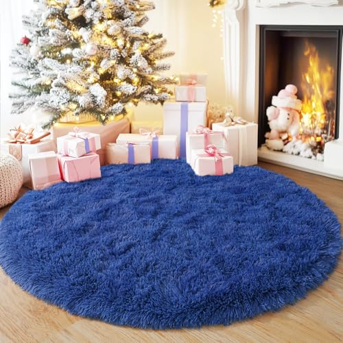 5'x5' Blue Round Rug for Bedroom, Ultra Soft Fluffy Circle Rug for Kids Girls Boys Room, Cute Shag Rugs for Living Room Playroom Teen Room Home Decor Rug