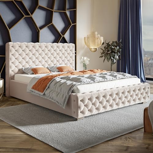 MOTIVENA Adelle Chesterfield Bett 180x200 Beige Samt, mit Stauraum, mit Kopfteil, mit Lattenrost, mit Füßen, ohne Matratze, Chesterfield Polsterbett 180x200 mit Bettkasten Beige (Creme)