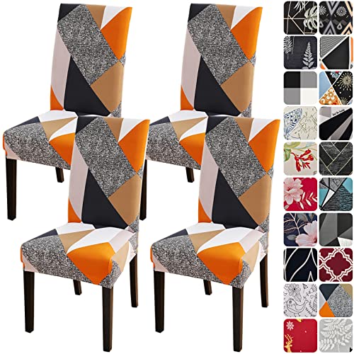 Jusmate Dining Room Chair Covers Slipcovers Set of 4, Stretch Spandex Removable Washable Printed Parsons Chair Cover Seat Protector for Dining Room, Hotel, Ceremony, Banquet, Wedding (Orange/Grey)