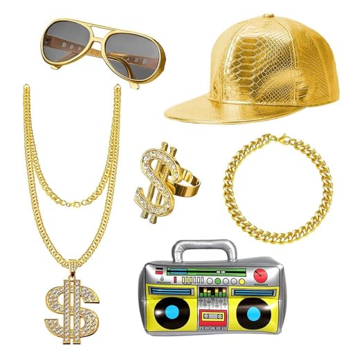 UBERMing Kit de Costume Hip Hop avec Boîte Radio Gonflable Lunettes de Soleil Chapeau et Or Signe de Dollar Collier Bracelet Anneau Accessoires de Rappeur des Années 80/90 pour Concerts de Rap