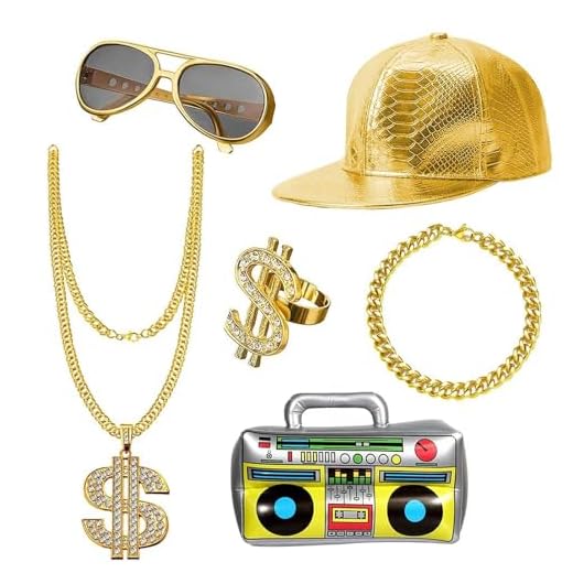 UBERMing Kit de Disfraces de Hip Hop Collar Anillo y Pulsera con Signo de Dólar + Gafas de sol Doradas + Gorra de Hip Hop + Caja de Radio Inflable Decoraciones de Accesorios de Rapero 80s/ 90s