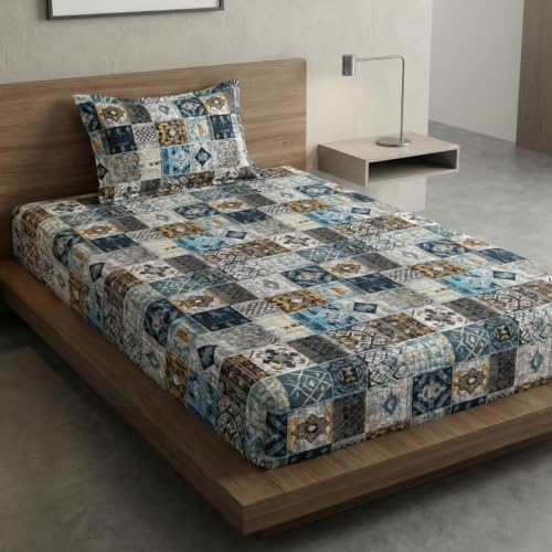 Image of Home Sizzler 210 TC Microfibre Geometric Tile Print Single Fitted Bedsheet (36X72 inch) with 1 Pillow Cover