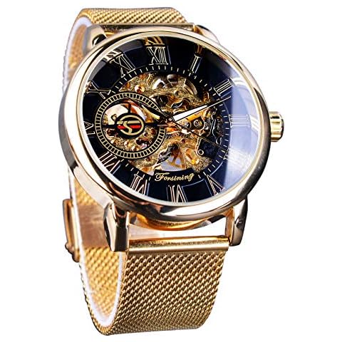 FORSINING Men's Skeleton Steampunk Watch for Men Mechanical Minimalist Retro Golden Wrist Watch Transparent Business Mesh Band Watch Cover