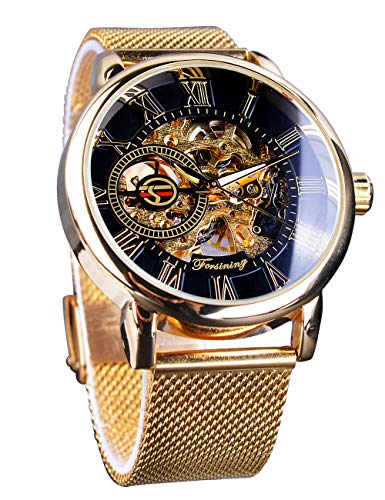 Image of FORSINING Men's Skeleton Watch Steampunk Watch Black Mechanical Watch for Men Minimalist Retro Design Mechanical Skeleton Wrist Watch Transparent