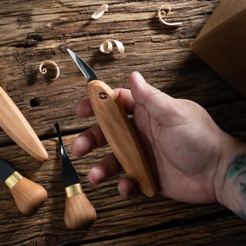 Image of Flexcut Premium Series Wood Carving Tool Set, 4-Piece Beginner Palm & Knife Set with Cutting and Detail Knives, Sweep and Parting Palm Tools, Ergonomic Cherry Wood Handles, USA Made