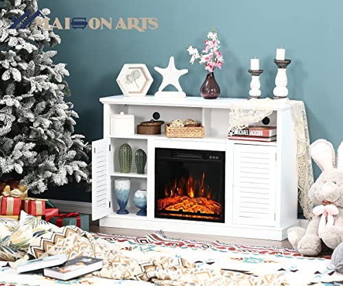 Maison Arts 47" White Fireplace Tv Stand With Electric Fireplace Inserts Farmhouse 2 Doors Media Console Table Entertainment Center For Tvs Up To 55" For Home Living Room Bedroom, White #TOP2