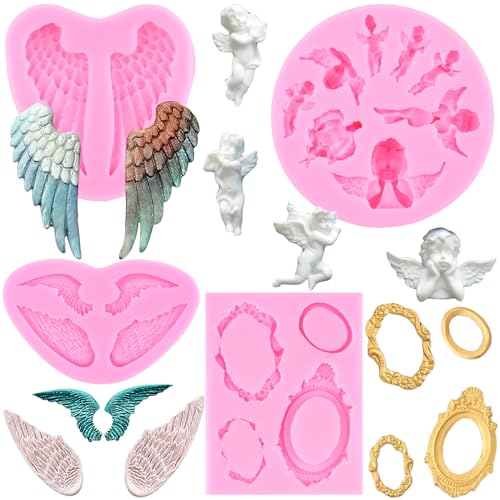 RFGHAC Moldes de silicona con diseño de alas de ángel para fondant, marco vintage, moldes de chocolate para decoración de pasteles de dulces, decoración de cupcakes, pasta de goma, arcilla polimérica,