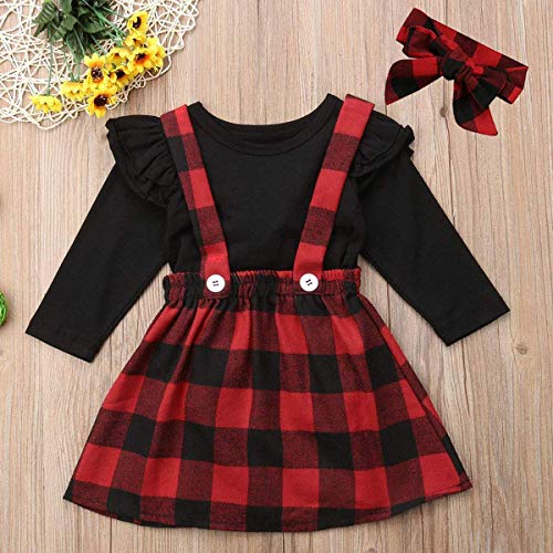 Newborn Baby Girls Christmas Outfits Deer Applique Check Long Sleeve T-Shirt Tops+Plaid Long Pants+Stocking+Headband (18-24 Months, Suspender Skirts Set) - Thumbnail 2