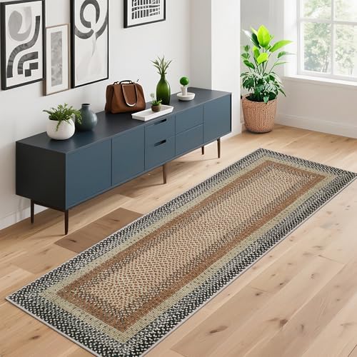 GarveeHome Printed Rug with Braided Pattern on it, Washable Rugs 2x10 Hallway Runner Non Slip Kitchen Rugs Soft Non Shedding Low Pile Entryway Rug Stain Resistant Carpet for Bath Laundry