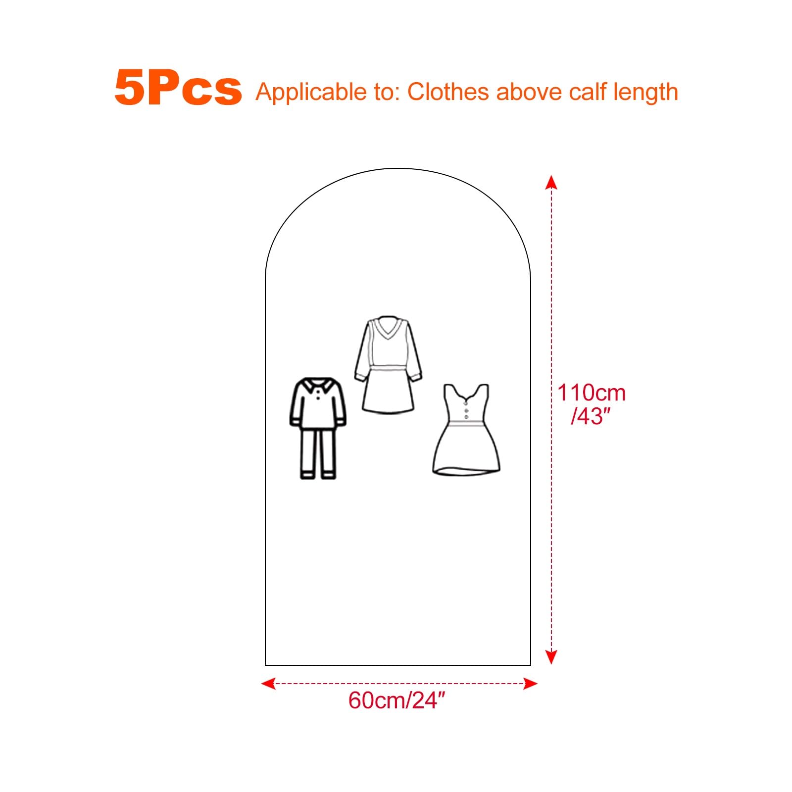 Fundas Ropa Vestidos, Bolsa Trajes Transparente for Camisas/Disfraces, 5pcs Cubiertas Ropa PEVA Anti-Polvo y Impermeable con Cremalleras(Pink,60x110cm/24x43in)