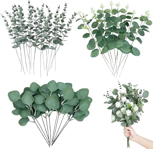 30 Pcs Eucalipto Artificial 3 Estilos Ramas Secas Decorativas Preservado Eucalipto Artificiales Planta Natural para Flores Secas Decoración de Bodas Hogar Arreglo Floralecoración Oficina (Oro)