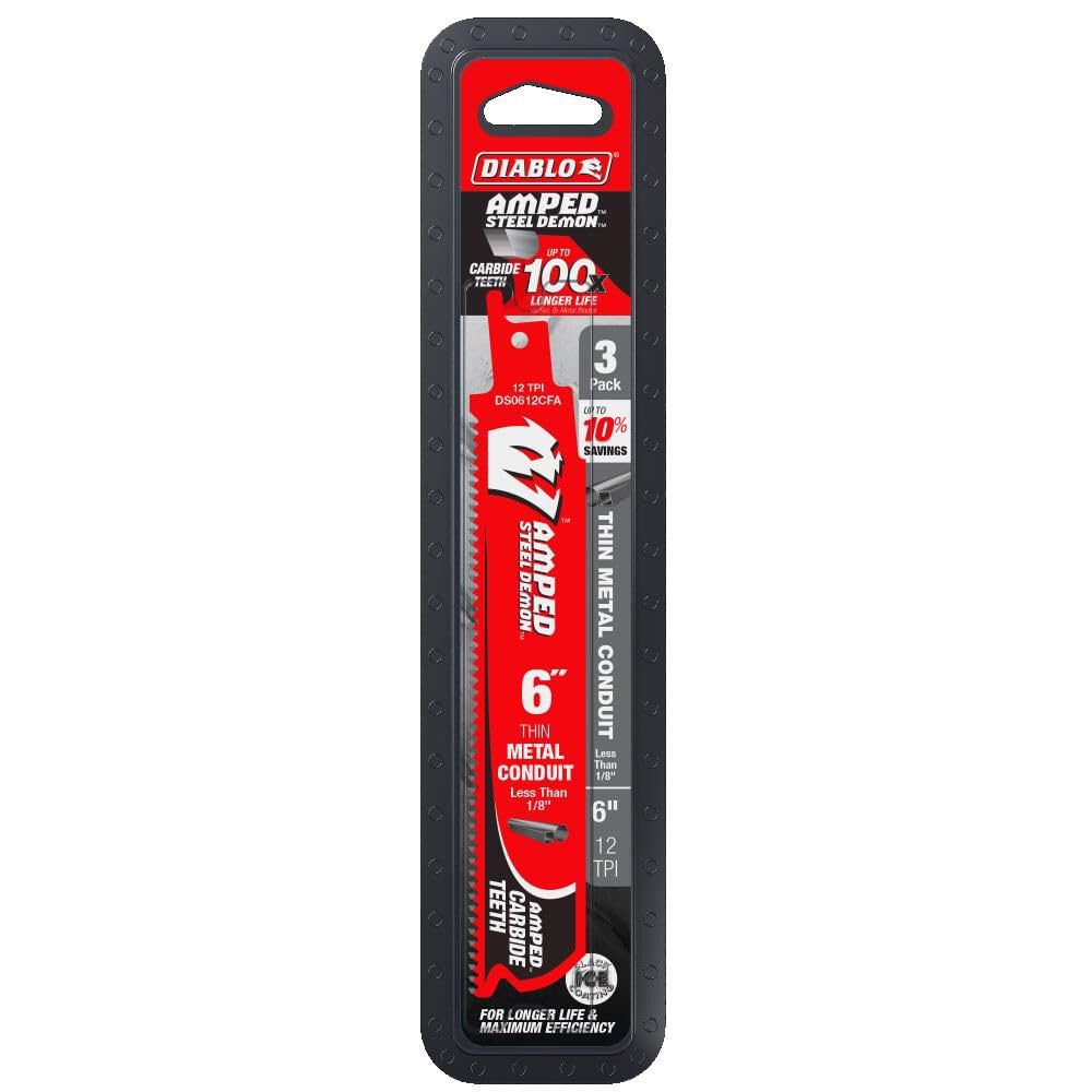 Diablo TPI Amped Steel Demon Carbide Teeth Reciprocating Saw Blade for Thin Metal - Ideal for Conduit, Tubing, and Sheet Metal - 6" Length, 12 TPI, Carbide Tooth Design, 3-Pack - DS0612CFA3