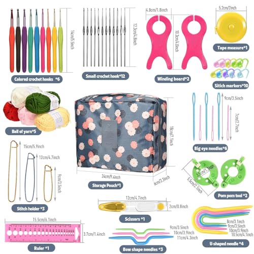 Image of Gemsy Premium 108Pcs Crochet Needle Kit For Adults - Crochet Set With Yarn, Needles, Hooks, Tools, Accessories & Storage Bag - Ideal DIY Crochet Kit for Beginners for Crafting, Blanket Making, Sweater Projects & More(Random Colour Bag)