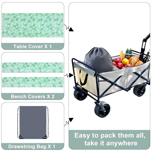 Image of misaya Picnic Table Cover with Bench Cover, Waterproof Elastic Fitted Tablecloth for 8 Foot Tables, Rectangle Washable Polyester Tablecloths for Picnic, Camping, Outdoor (Green Daisy, 30 inch x 96 inch)