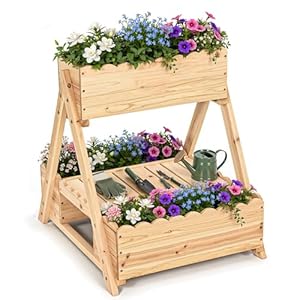 Pamapic Raised Garden Bed, 3 Tier Raised Planter with Storage Shelf & Drainage Holes, Elevated Wooden Planter for Vegetable, Flowers, Herbs, Patio, Backyard, Balcony, 58 x 67 x 60 cm, Natural